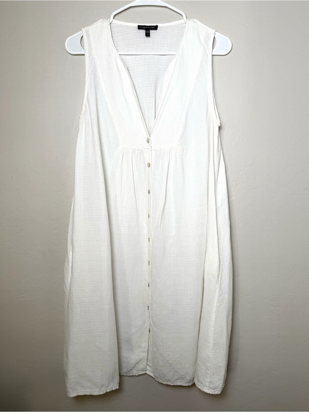 Eileen Fisher White Linen Blend Button Front Midi Dress M Beachy Lagenlook